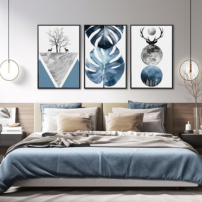Boho Canvas Wall Art Set of 3 with Black Frame, Abstract Minimalismt Bohemian Deer & Tropical Leaf Pictures Prints Artwork Paintings Wall Decor for Bedroom Living Room Home Decoration 24x36 inches