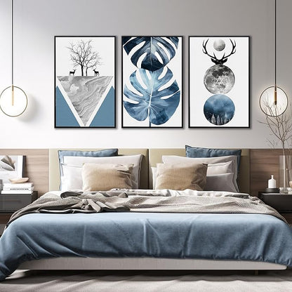 Boho Canvas Wall Art Set of 3 with Black Frame, Abstract Minimalismt Bohemian Deer & Tropical Leaf Pictures Prints Artwork Paintings Wall Decor for Bedroom Living Room Home Decoration 24x36 inches