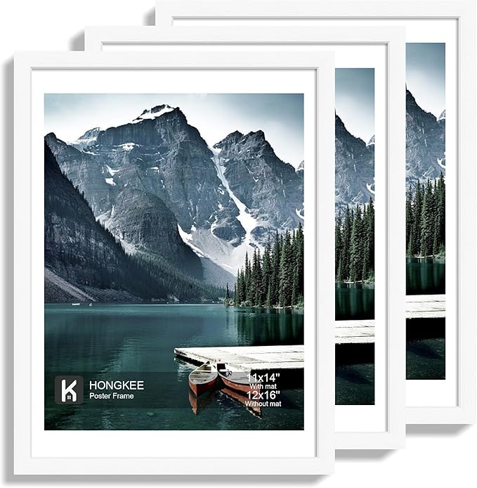 Hongkee 12x16 Picture Frame Set of 3 - Display 11x14 Photo with Mat or 12 x 16 Poster without Mat, Wall Mounting Horizontal and Vertical, White