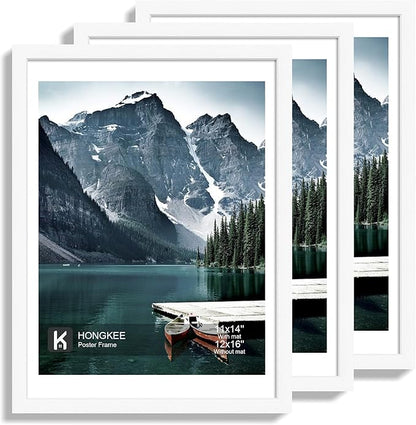 Hongkee 12x16 Picture Frame Set of 3 - Display 11x14 Photo with Mat or 12 x 16 Poster without Mat, Wall Mounting Horizontal and Vertical, White