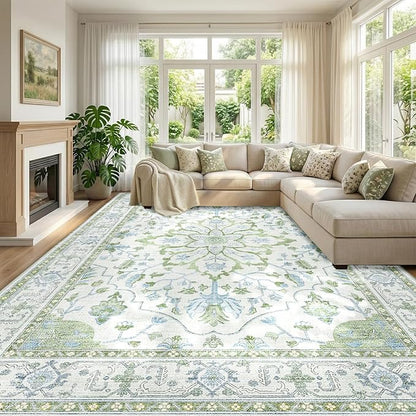RELEANY Area Rugs 9'x12' Washable Non-Slip, Floral Vintage Distress Print Pattern Medallion Carpet for Living Room Bedroom Dining Room, Green White Blue