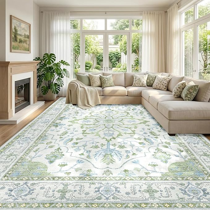 RELEANY Area Rugs 10'x14' Washable Non-Slip, Floral Vintage Distress Print Pattern Medallion Carpet for Living Room Bedroom Dining Room, Green White Blue