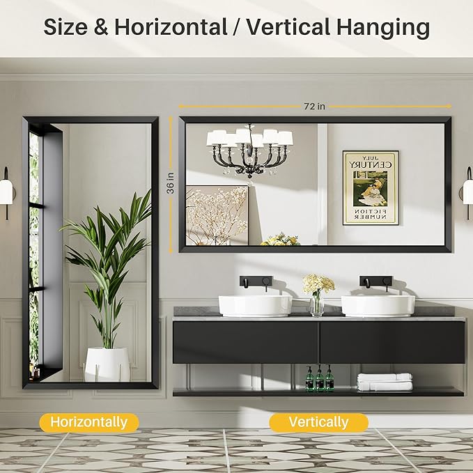 Briivue 72x36 Inch Black Bathroom Mirror for Wall, Thick Metal Framed Rectangle Mirrors for Over Sink, Bedroom, Living Room, Entryway, Anti-Rust, HD Tempered Glass