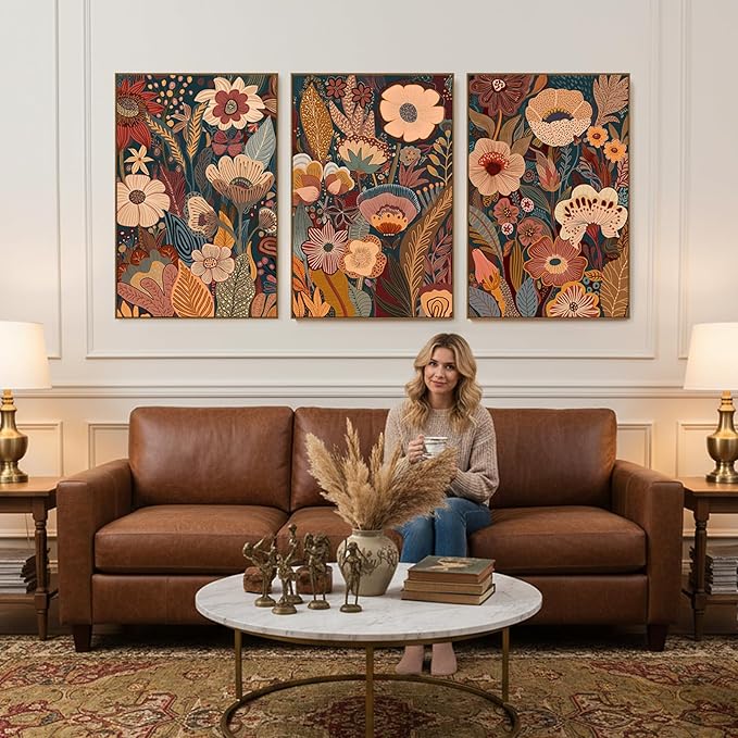 SAFERRYHOME Large Burnt Orange Floral Wall Art, 3 Pieces Boho Mid Century Modern Wildflower Framed Canvas Wall Decor, Vintage Botanical Neutral Plant Artwork Print for Living Room Bedroom Office, 24"x36"