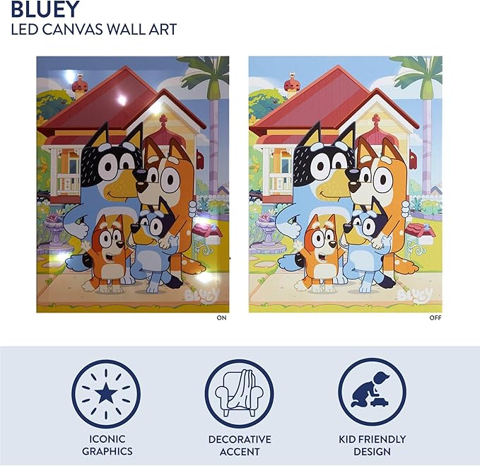 Bluey LED Wall Art for Kids,11.5 x 15.75 Inch Light-Up Canvas Décor with Hanging Hooks, Battery Operated Night Light for Toddlers & Children’s Bedrooms or Playrooms