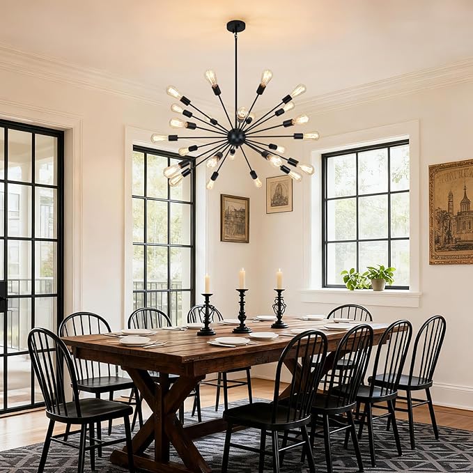 24 Light Black Sputnik Chandeliers, Modern Farmhouse Chandeliers for Dining Room Light Fixtures Over Table, Industrial Ceiling Hanging Lighting for Living Room, Bedroom, Kitchen, Foyer