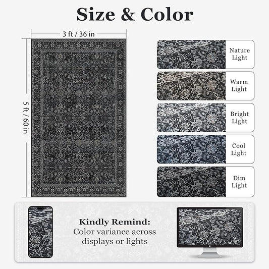 Vintage Dark 3x5 Entryway Rug Indoor Foyer, Earth Tone Farmhouse Throw Rug for Kitchen Bathroom, Machine Washable Non Slip Thin Area Rug for Nursery/Bedroom Bedside/Home Office/Dorm, Midnight