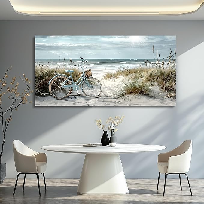 FUHAIHUA Large Wall Art For Bedroom Canvas Wall Decor For Living Room Office Decoration Blue Beach Bicycle Seascape Painting Ocean Landscape Wall Pictures Artwork Modern Home Decor Posters 30"X60"
