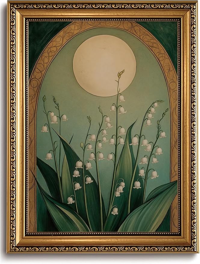 WZGZXU Vintage Gold Framed Wall Art Nouveau Botanical Wall Decor Lily Of The Valley Canvas Art Boho Pictures Floral And Moon Painting Moody Flowers Prints For Living Room Bedroom Bathroom