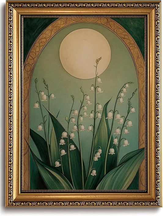 WZGZXU Vintage Gold Framed Wall Art Nouveau Botanical Wall Decor Lily Of The Valley Canvas Art Boho Pictures Floral And Moon Painting Moody Flowers Prints For Living Room Bedroom Bathroom
