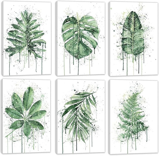 HoozGee Framed Sage Green Leaf Botanical Canvas Wall Art Prints Built-in Wooden Frame Boho Plant Wall Decor for Kitchen Bedroom Livingroom Bathroom Wall Decor (8"x12" FRAMED)
