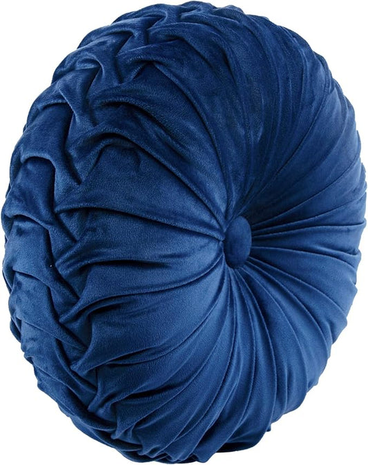 Lush Decor Round Pleated Soft Velvet Decorative Throw Pillow, 1 Count, 15" Diameter, Navy - Blue Plush Round Pillow, Seat Cushion, Decorative Pillows for Bed, Couch, Or Chair (Pack of 2)
