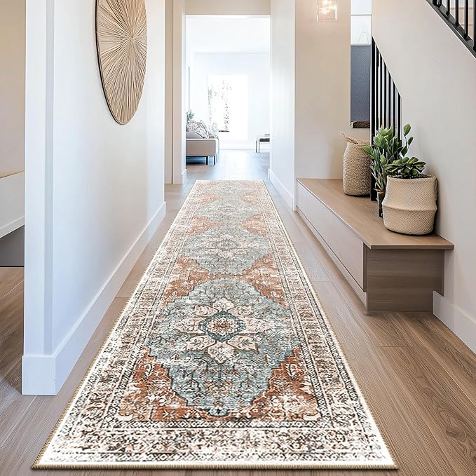 BESTSWEETIE 2x10 Area Rug Washable Rugs for Living Room, No Pile Boho Carpet for Entryway Bedroom Dinning Room, Vintage Carpet Print Distressed Non-Slip, 2 x 10 ft, Green Brick Rust Red