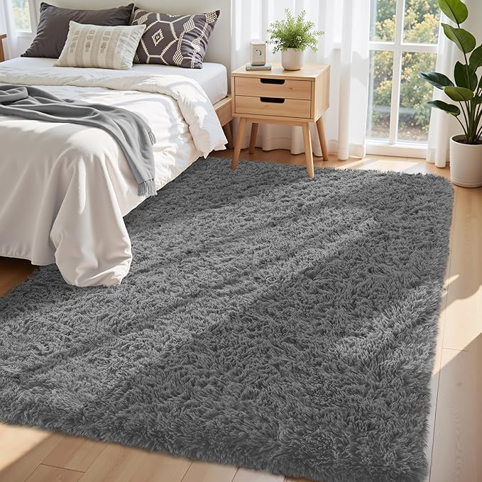 5x8 Area Rug for Living Room:Ultra Soft Fluffy Shag Dark Grey Rugs,Large Fuzzy Plush Indoor Non Slip Carpet Washable Rug for Bedroom Kids Nursery Office Dorm Modern Decor(Dark Grey 5'x8')