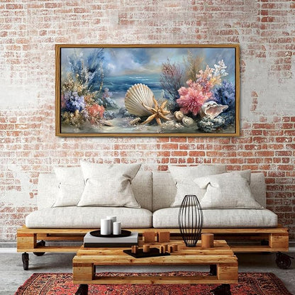 Ocean Beach Framed Wall Art Coastal Room Decor Rustic Starfish Seashell Landscape Picture Canvas Prints for Living Room Coral Flowers Decor Seaside Conch Poster Sea View Artwork Home Decoration 30x57.8"