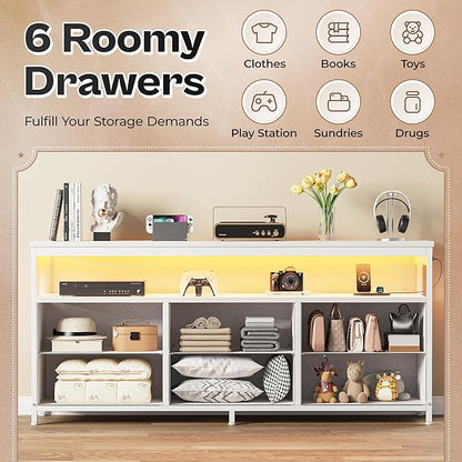 Huuger LED TV Stand for Bedroom, 55 Inch Fabric Dresser with Power Outlets, Entertainment Center for 60, 55, 50 Inch TV, 6 Drawer Dresser for Bedroom, Chest of Drawers with Shlef, PU Leather, White