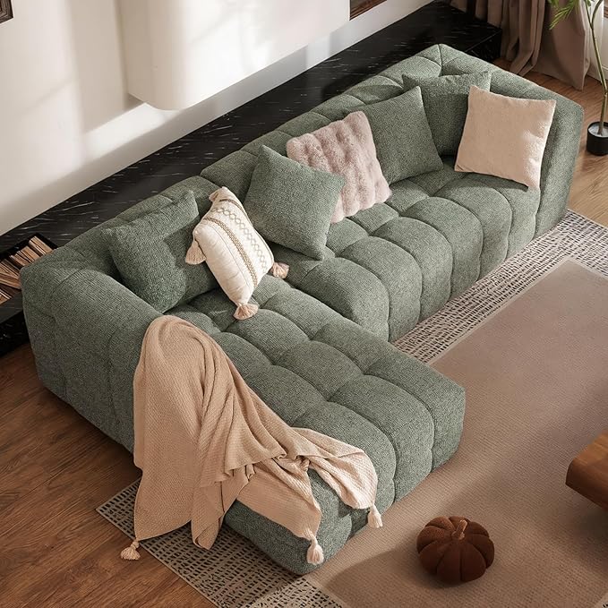 107" Modern Boneless Couch with L - Shaped Chaise, Comfy Chenille Modular Sectional Sofa with Tufted Design, Deep Seat Upholstered Sofa Bed, No - Assembly Sectional Couch, Green