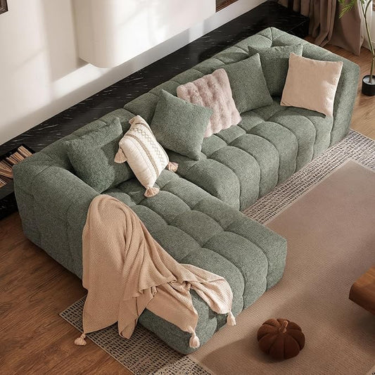 107" Modern Boneless Couch with L - Shaped Chaise, Comfy Chenille Modular Sectional Sofa with Tufted Design, Deep Seat Upholstered Sofa Bed, No - Assembly Sectional Couch, Green