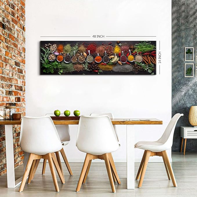 Large Colorful Kitchen Wall Art Spices Herb Food Picture for Dining Room Wall Decor Seasoning Herb Spoon Canvas Prints Poster Vintage Modern Family Bar Painting Artwork Home Decorations 14x48”