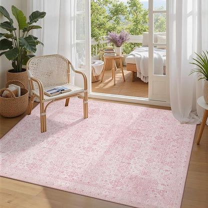 Rugxara 3x5 Rug for Entryway Bedroom, Pink 3x5 Washable Area Rug, Vintage Retro Boho Throw Rug, Non Slip & Low Pile Small Carpet for Indoor Entry, Kitchen, Bedside, Living Room, Bathroom and Dining