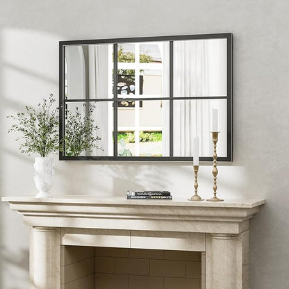 Dewfig Rectangle Wall Mirror, Window Mirror Wall Mounted, 24"x36"in Window Pane Mirrors, Large Black Mirrors for Hanging or Leaning Against Wall Bedroom Vanity Living Room Fireplace Entryway,Black