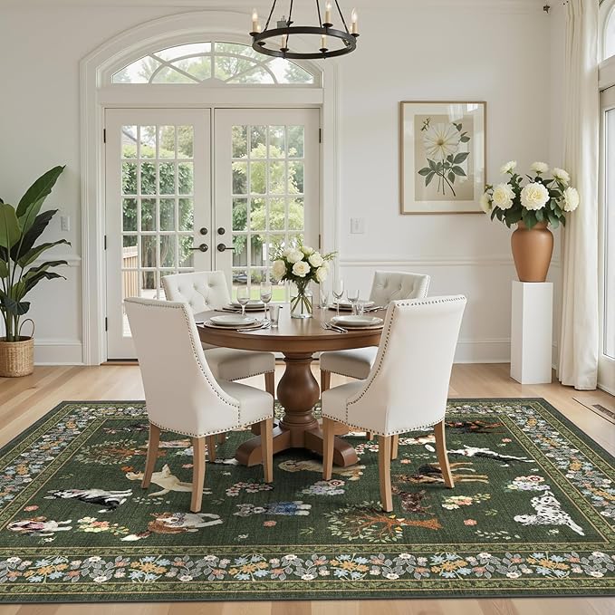 Dogs Area Rugs 9x12 for Living Room, Washable Rug Non Slip Floral Low Pile Large Rug for Living Room, Bedroom, Farmhouse, Dining Room, Kids Playroom, Dark Green