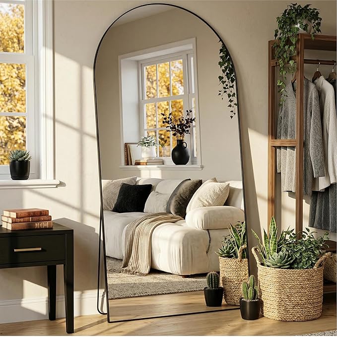 Arched Full Length Mirror 78 x 38 Inch, Full Body Mirror with Stand, Standing Hanging or Leaning Against Wall, Metal Frame Floor Mirror for Bedroom, Living Room, Cloakroom,Black