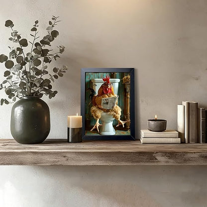 Funny Chicken Bathroom Wall Art, Framed Canvas Print, Rooster Sitting on Toilet Reading Newspaper with Glasses, Humorous Farm Animal Art Oil Painting for Bathroom Decor Restroom Home Decoration 8x10 Inch