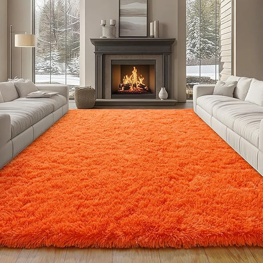 9x12 Large Area Rugs for Living Room, Orange Fluffy Shag Rug for Bedroom and Nursery, Soft and Comfy, Big Fuzzy Carpet for Kids, Girls, Boys Room Dorm Home Decor Aesthetic, Upgrade Non Slip