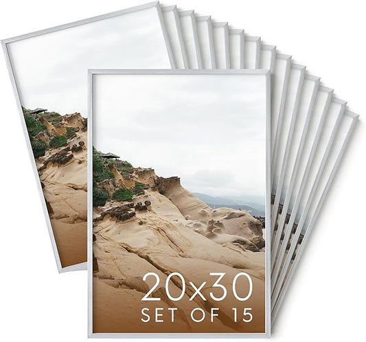 HAUS AND HUES 20x30 Silver Metal Picture Frames - Features Premium Aluminum, Vertical & Horizontal Hang, Shatterproof Plexiglass - Perfect for Home, Room, Office (20x30 in, Silver, Set of 15)