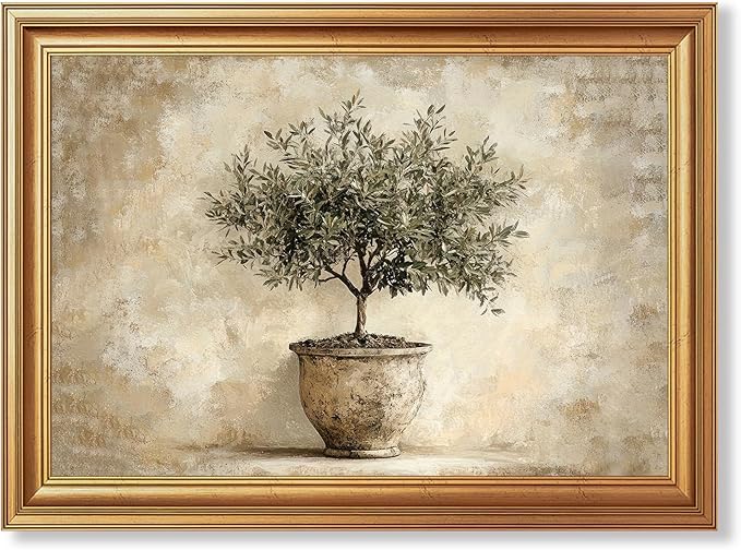 JLTULT Gold Framed Potted Olive Tree Wall Art, Vintage Botanical Canvas Wall Decor, Olive Branch Art Print for Living Room Bedroom Office 16x24 Inch with Fade-Resistant Print Easy to Hang
