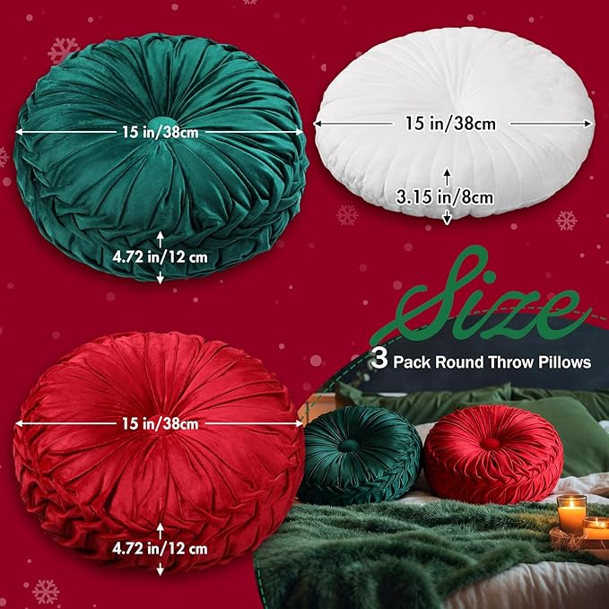 Beeveer 3 Pcs Round Throw Velvet Pillows Classy Accent Pumpkin Throw Pillows 15 Inch Decorative Cushion for Couch Chair Bed Car, 2 Styles(Red, Green, White)