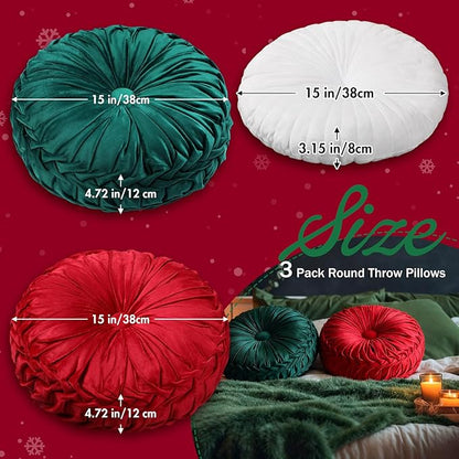 Beeveer 3 Pcs Round Throw Velvet Pillows Classy Accent Pumpkin Throw Pillows 15 Inch Decorative Cushion for Couch Chair Bed Car, 2 Styles(Red, Green, White)
