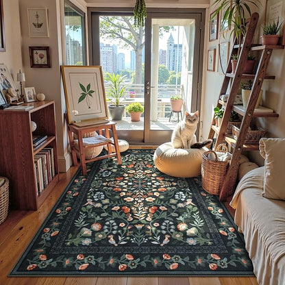 Lahome Black Floral Washable Rug 5x7, Vintage Non Slip Stain Resistant Carpet for Bedroom Kitchen Entryway, Low-Pile Soft Boho Rug for Living Room Office, Machine Washable Home Decor, Black