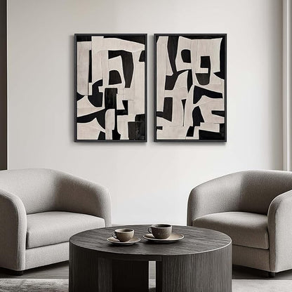 Large Framed Black and Beige Abstract Wall Art, Set of 2 Piece Minimalist Canvas Paintings Artwork for Walls, Modern Art Prints Pictures for Living Room Hallway Dining Room Bedroom Office Wall Decor