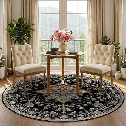 RELEANY Area Rugs Round 5ft Washable Non-Slip, Floral Vintage Distress Print Pattern Medallion Carpet for Living Room Bedroom Dining Room, Black Brown Neutral Dark Tan