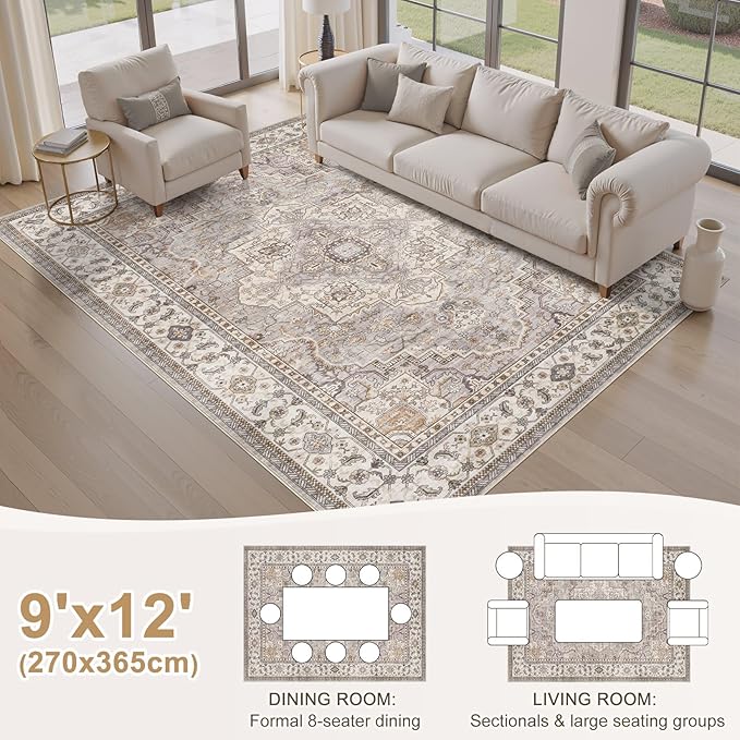 EIEIHOUSE Washable Area Rugs for Living Room - 9x12 Neutral Vintage Distressed Floral Farmhouse Boho Large Soft Floor Rug Indoor Non Slip Carpet for Bedroom Dining Room Office - Grey Brown