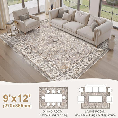 EIEIHOUSE Washable Area Rugs for Living Room - 9x12 Neutral Vintage Distressed Floral Farmhouse Boho Large Soft Floor Rug Indoor Non Slip Carpet for Bedroom Dining Room Office - Grey Brown