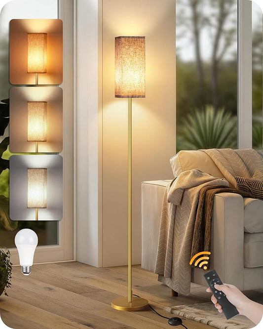 64.2” Dimmable Floor Lamp for Living Room with Remote and Foot Switch, Corner Floor Lamp for Bedroom, Includes 10W A19 Bulb, Modern Standing Tall Lamp, ETL Listed, Beige and Gold DE17LD05