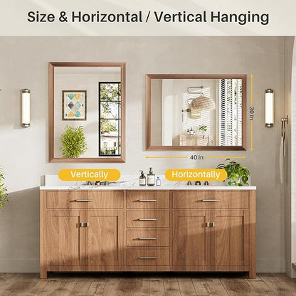 40x30 Inch Bathroom Mirror for Wall, Anti-Rust Walnut Wood Grain Metal Framed Bathroom Mirrors for Over Sink,Rectangler Mirrors for Bathroom Vanity, Farmhouse, Bedroom, Living Room, Entryway Decor