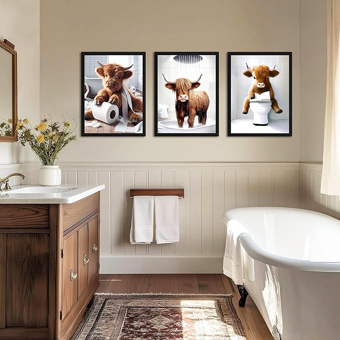 Highland Cow Bathroom Decor Set of 3, Funny Brown Cute Highland Cow Wall Art Paintings, Vintage Rustic Farmhouse Canvas Pictures Posters Prints for Bathroom, Restroom Black Wood Framed 12x16 Inch