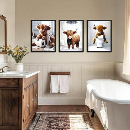 Highland Cow Bathroom Decor Set of 3, Funny Brown Cute Highland Cow Wall Art Paintings, Vintage Rustic Farmhouse Canvas Pictures Posters Prints for Bathroom, Restroom Black Wood Framed 12x16 Inch