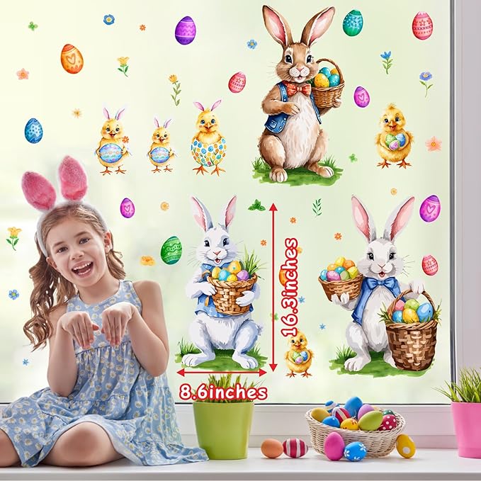 Easter Window Decoration Clings Bunny Decals for Glass Window Double-Side Vintage Bunny Decal Removable Easter Eggs Chick Rabbit Stickers for Living Room Kids Bedroom Nursery Spring Holiday Supplies
