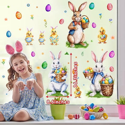 Easter Window Decoration Clings Bunny Decals for Glass Window Double-Side Vintage Bunny Decal Removable Easter Eggs Chick Rabbit Stickers for Living Room Kids Bedroom Nursery Spring Holiday Supplies
