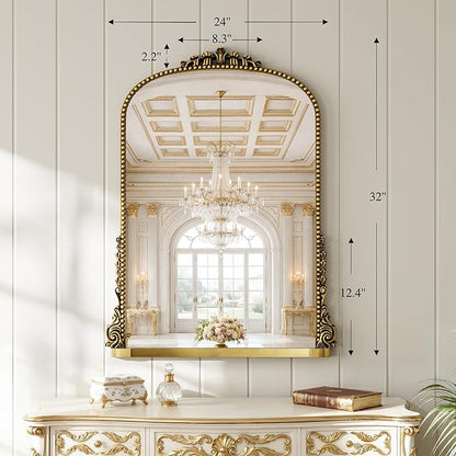 24x32 inch Arched Bathroom Mirror - Wall Vanity Mirror with Beautiful Retro Top and Bottom Engraving Process Frame, for Entryway, Fireplace, Living Room, Hallway or Wall Decor (Upgrade Tempered Glass)
