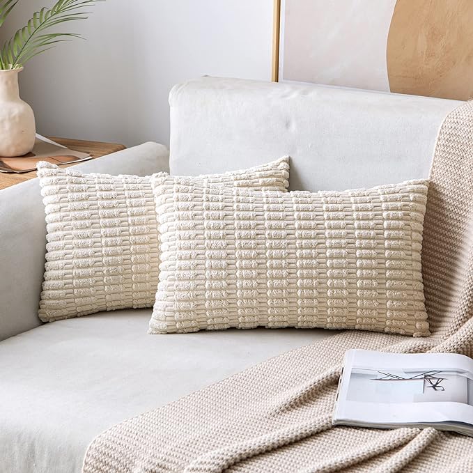 MIULEE Pack of 2 Corduroy Decorative Lumbar Throw Pillow Covers 20x12 Inch Soft Boho Striped Pillow Covers Modern Farmhouse Home Decor for Sofa Living Room Couch Bed Cream White
