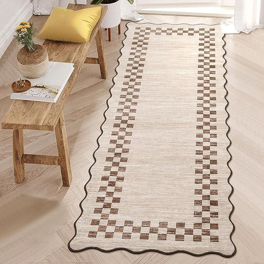 Washable Runner Rug 2x10 Modern Bordered Hallway Runner Rug Non Slip Kitchen Throw Carpet Checkered Bathroom Entryway Runner Rugs Low Pile Solid Area Rugs for Living Room Bedroom Nursery Sink, Beige