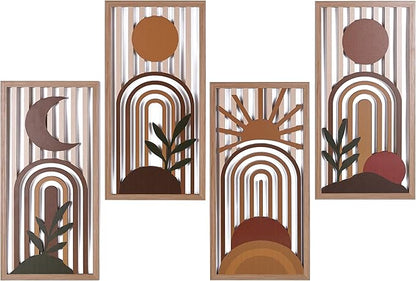 Boho Wall Art Set of 4, Terracotta Wall Decor & Burnt Orange Bedroom Decor, Orange Modern Wall Art with Arch/Botanical Design - Mid-Century 3D Wooden Abstract Geometric Artwork for Home Living Room Office(C)