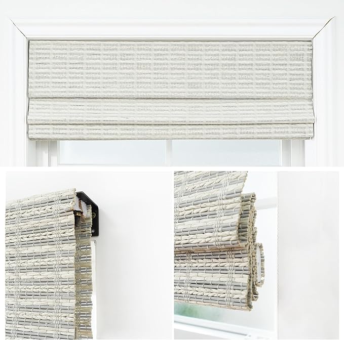 Motorized Bamboo Roman Shades, Motorized Blinds with Remote Compatible with Homekit, Alexa GoogleHome, Smart Wood Woven Shades for Indoor Windows, Customize, Glacier Frame