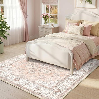 CAPALOCA Machine Washable Rugs Nursery Rug Sq5ft Cute Girl Non Slip Low Pile Water Repellent Soft Print Pattern for Bedroom Indoor Decor Kids Playroom Pink
